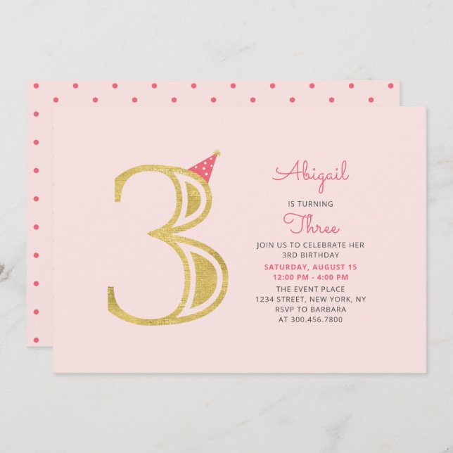 Invitation Rose et or | Jolie Fille Moderne 3e fête d'anniver (Devant / Derrière)