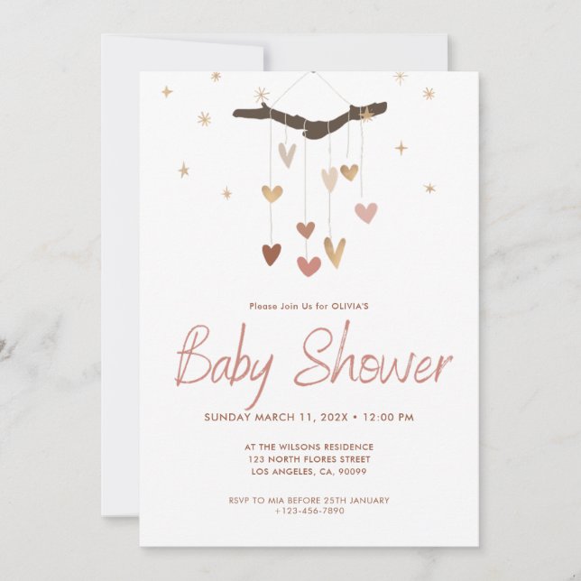 Invitation Rose et or Moderne Simple Cute Boho Baby shower (Devant)