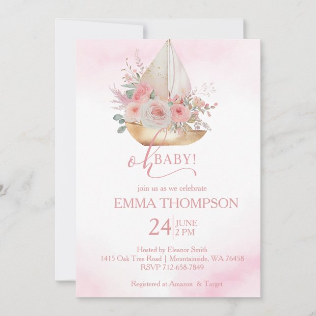 Invitation Rose et or Oh bébé Nautique (Devant)