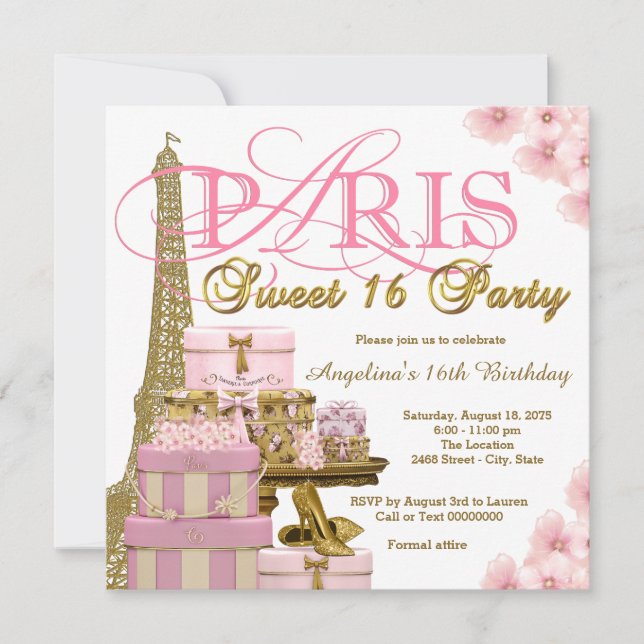 Invitation Rose et or Paris Sweet 16 Party (Devant)