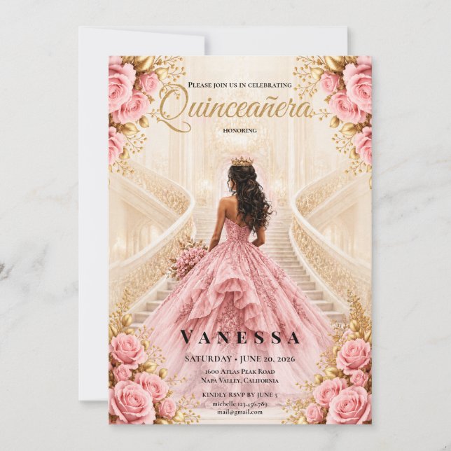 Invitation Rose et Or pour Quinceanera (Devant)