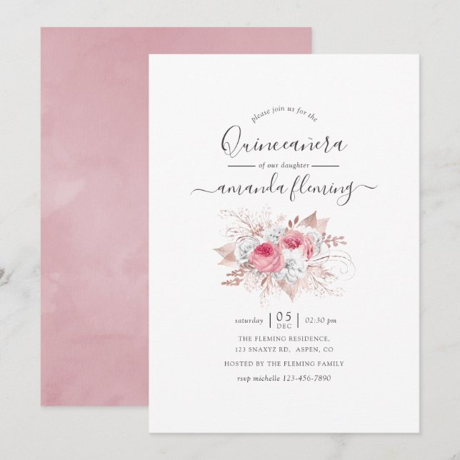 Invitation Rose et or rose Floral Quinceañera (Devant / Derrière)