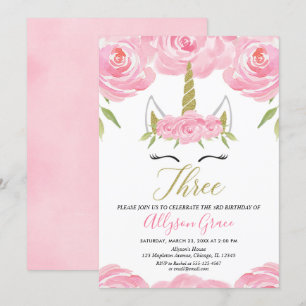 Invitation rose et or Unicorn 3e anniversaire fille