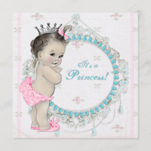Invitation Rose et princesse vintage bleue turquoise baby