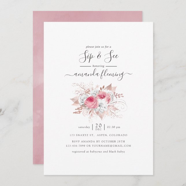 Invitation Rose et Rose Gold Floral Sip et voir (Devant / Derrière)