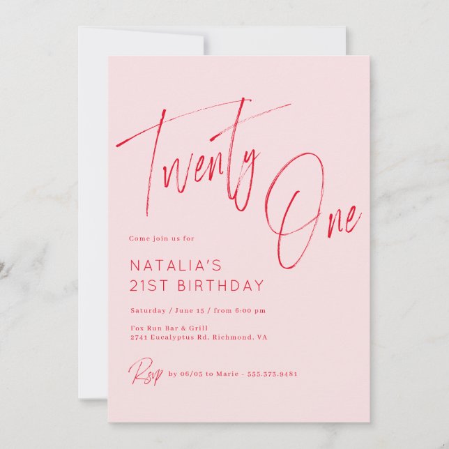 Invitation Rose et rouge | Fille 21e anniversaire (Devant)
