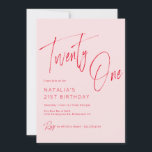 Invitation Rose et rouge | Fille 21e anniversaire<br><div class="desc">Invitations de 21e anniversaire modernes et féminines avec texte "Vingt et un" en gros script de brosse. Police rouge sur un arrière - plan rose doux.</div>
