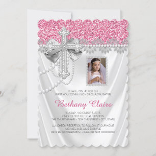 Invitation Rose et Satin Blanc Communion solennelle Pailleté