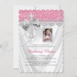 Invitation Rose et Satin Blanc Pailleté Première Communion