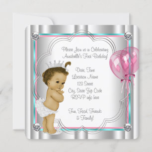 Invitation Rose et Turquoise Blue Princess 1er anniversaire