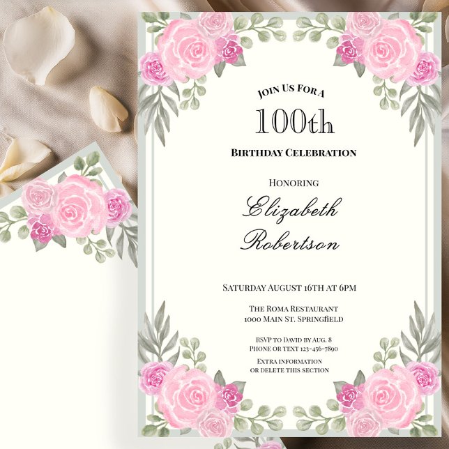 Invitation Rose et vert sauge floral 100e anniversaire (Créateur téléchargé)