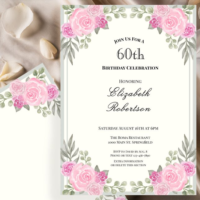Invitation Rose et vert sauge floral 60e anniversaire (Créateur téléchargé)