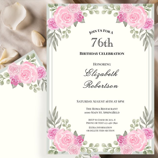 Invitation Rose et vert sauge floral 76e anniversaire (Créateur téléchargé)