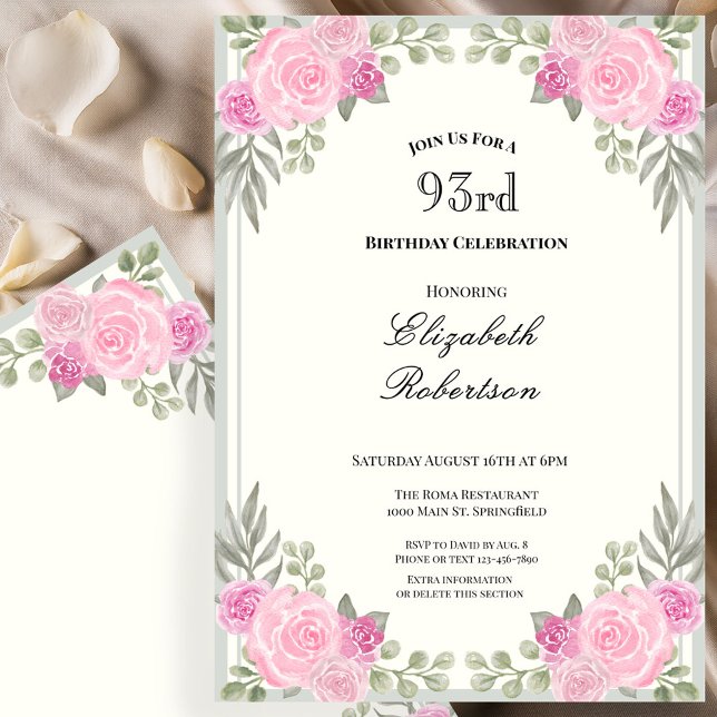 Invitation Rose et vert sauge floral 93e anniversaire (Créateur téléchargé)