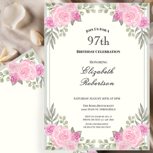 Invitation Rose et vert sauge floral 97e anniversaire (Créateur téléchargé)