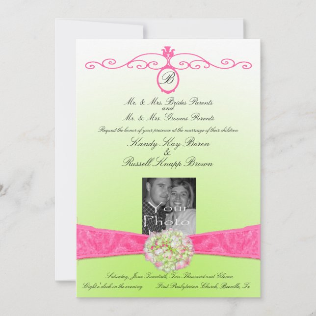 Invitation rose et verte avec monogramme et photo (Devant)