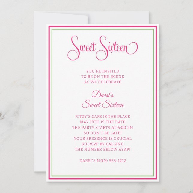 Invitation rose et verte Preppy pour un Sweet Sixt (Devant)