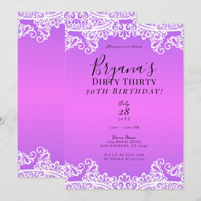 Invitation Rose et Violet Dentelle Blanche 30 30e Anniversair (Devant / Derrière)