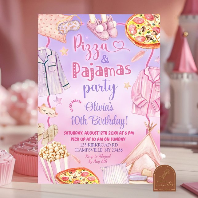 Invitation Rose et Violet Néon Pizza et Pyjamas Anniversaire (Créateur téléchargé)