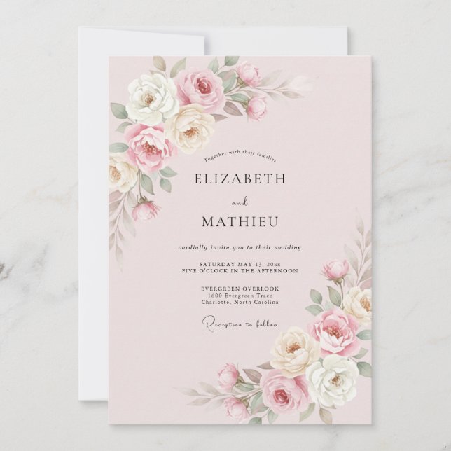 Invitation Rose Éthérée Mariage Rose Pâle (Devant)