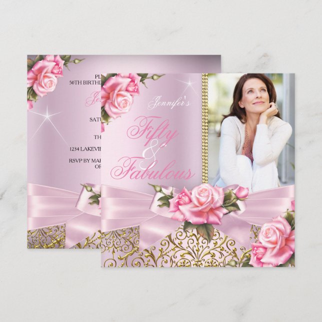 Invitation Rose Fabulouse 50 Rose Bow Photo Fête d'Anniversai (Devant / Derrière)