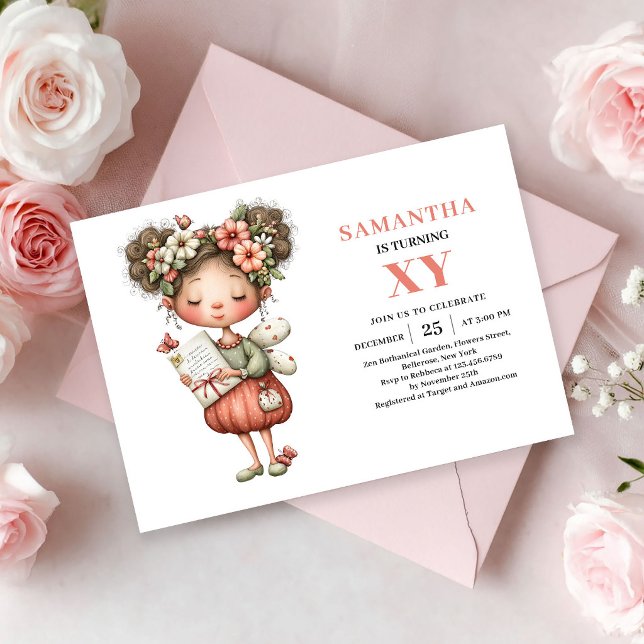 Invitation rose fantaisiste pour l'anniversaire d' (Cute Fairy Girl Birthday Whimsy Pink invitation)