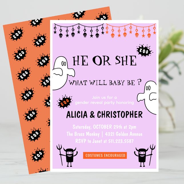 Invitation Rose fantôme Orange Octobre Halloween révélation d (Ghost-Pink-Orange-October-Halloween-gender-reveal-Invitation-1)