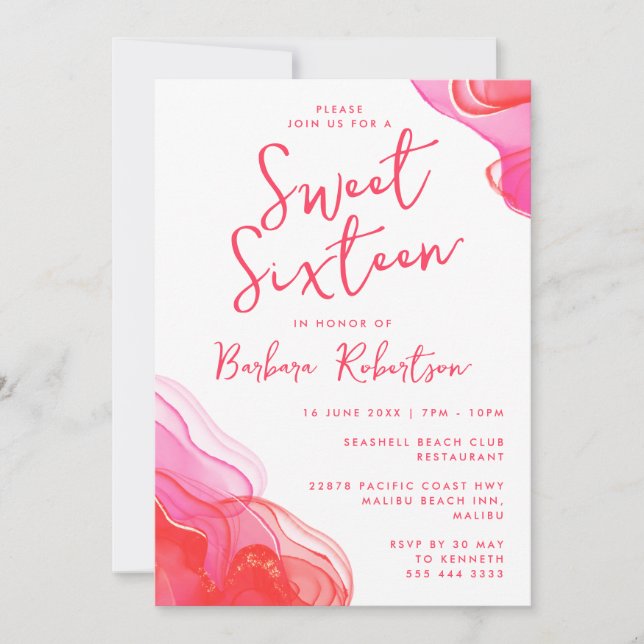 Invitation Rose Féminin Abstrait Aquarelle Sweet Seize (Devant)