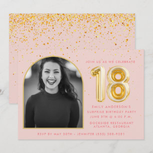 Invitation Rose Féminin Ballon Or 18ème Anniversaire Confetti