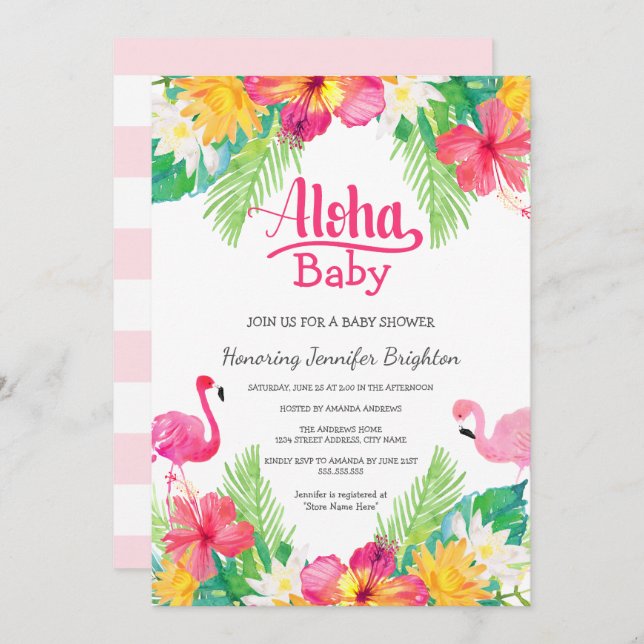 Invitation Rose | Flamant rose tropical Baby shower Luau (Devant / Derrière)
