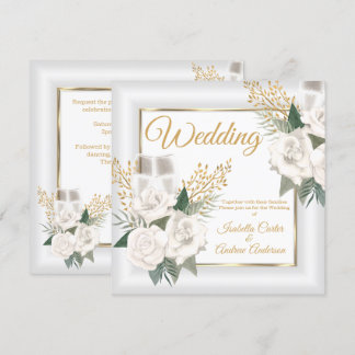 Invitation Rose Fleur Blanche Mariage Champagne Or