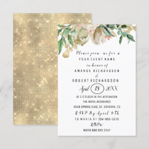 Invitation Rose Fleur Brunch Vert or Aquarelles Blanc