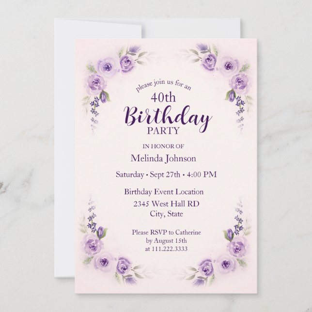 Invitation Rose Fleur de Lavande Aquarelle 40e Anniversaire (Devant)