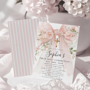 Invitation Rose Fleur Fille de Communion Première Rose Ruban