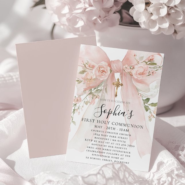 Invitation Rose Fleur Fille de la Première Communion au Ruban (Créateur téléchargé)