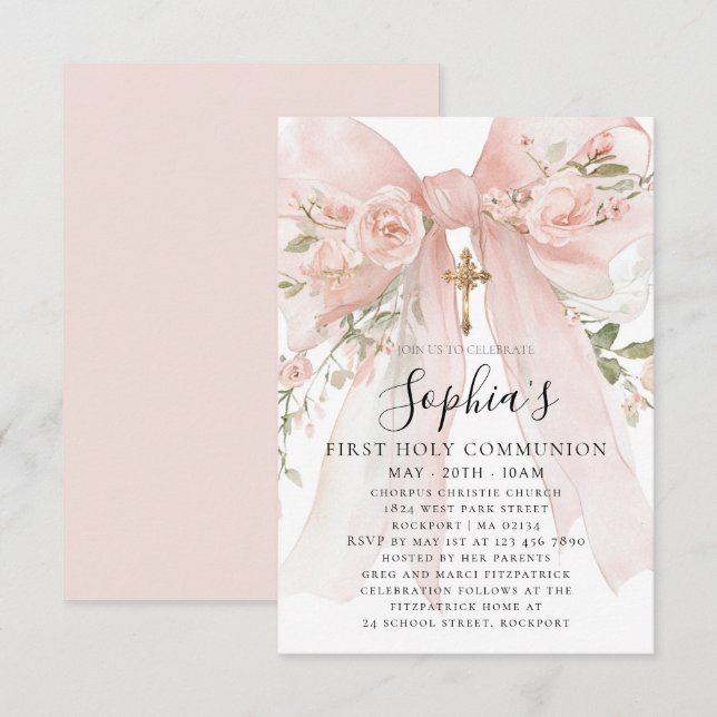 Invitation Rose Fleur Fille de la Première Communion Petite a (Devant / Derrière)