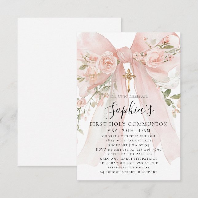 Invitation Rose Fleur Fille de la Première Communion Petite a (Devant / Derrière)