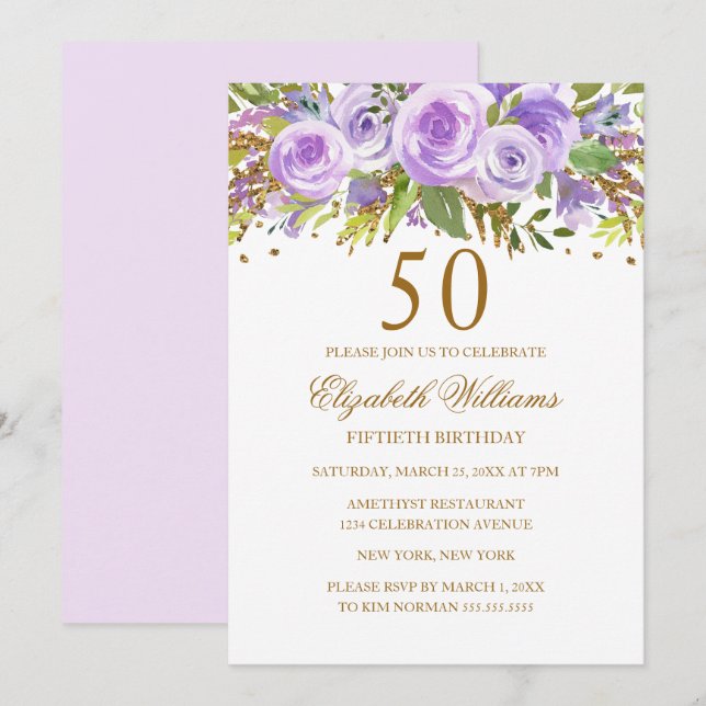 Invitation Rose Fleur Or Jaune Violet 50e Anniversaire (Devant / Derrière)