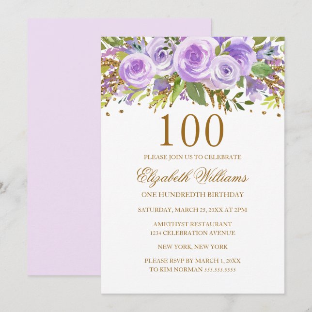 Invitation Rose Fleur Or Pourpre 100e Anniversaire (Devant / Derrière)