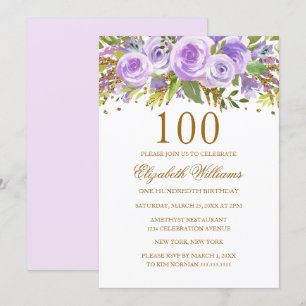 Invitation Rose Fleur Or Pourpre 100e Anniversaire