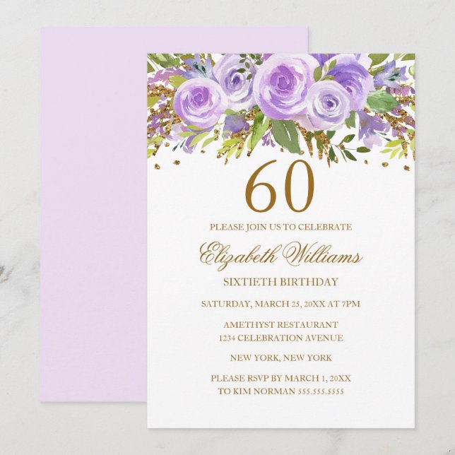 Invitation Rose Fleur Or Pourpre 60e Anniversaire (Devant / Derrière)