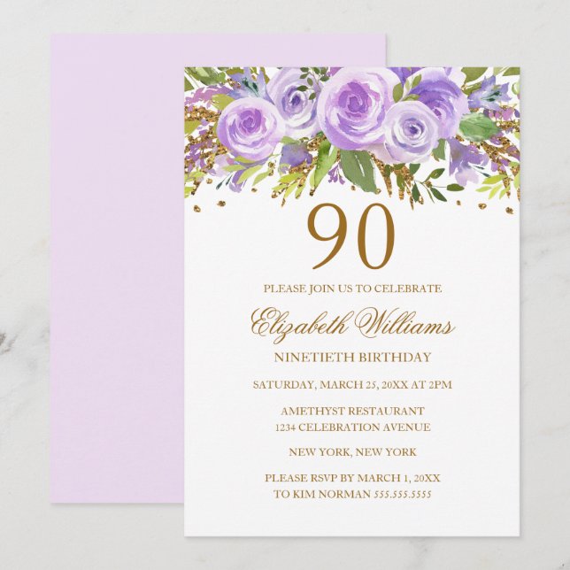 Invitation Rose Fleur Or Pourpre 90e Anniversaire (Devant / Derrière)