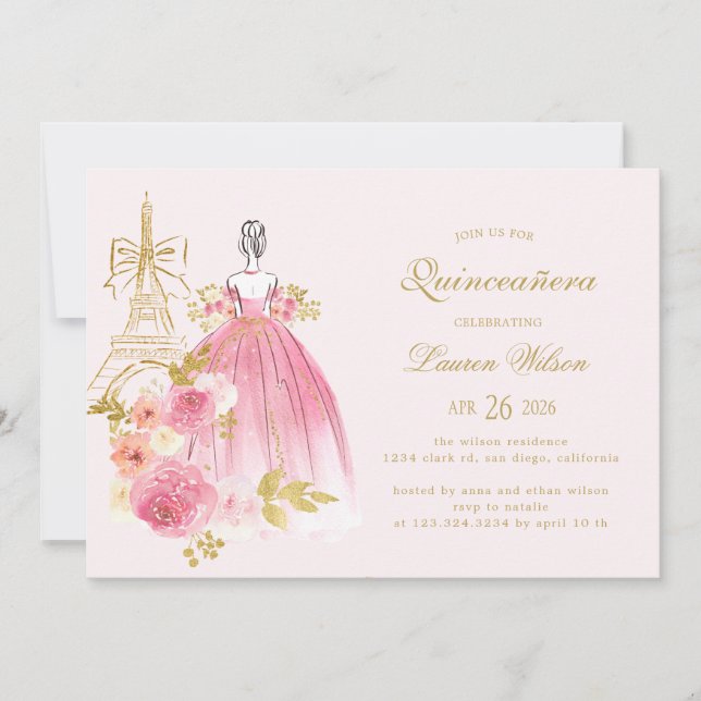 Invitation Rose Fleur Paris Chic Quinceanera (Devant)