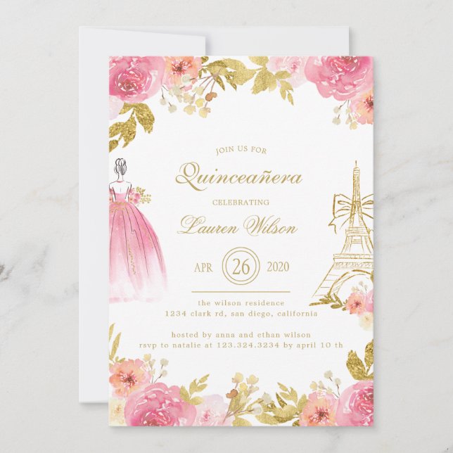 Invitation Rose Fleur Paris Chic Quinceanera (Devant)