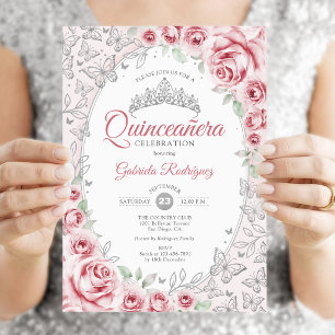 Invitation Rose Fleur Quinceanera Argenté