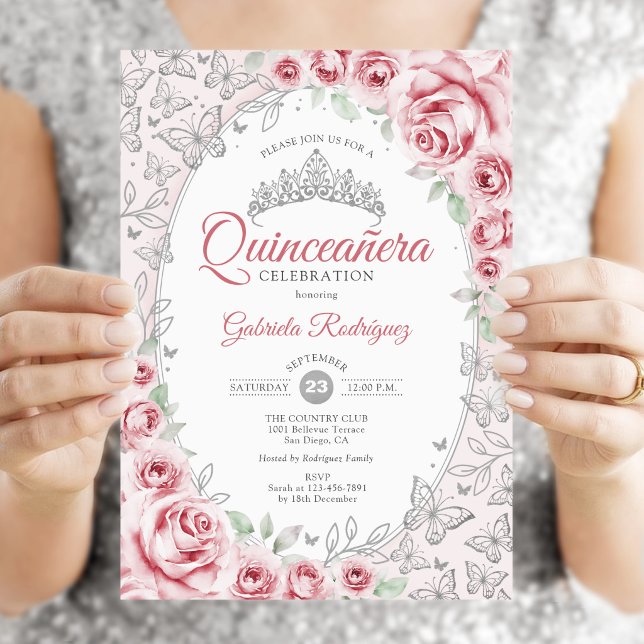 Invitation Rose Fleur Quinceanera Argenté (Créateur téléchargé)