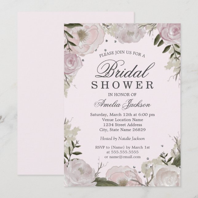 Invitation Rose Fleurale Argent Rose Mariage (Devant / Derrière)