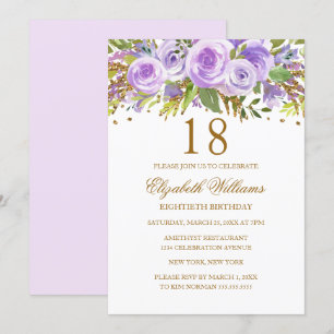 Invitation Rose Fleurale Or Rose Gold Purple 18e Anniversaire