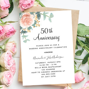Invitation Rose fleuri vert rose 50e anniversaire mariage