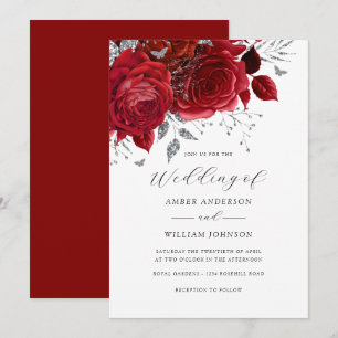 Invitation Rose Fleurie Argent Rouge Mariage